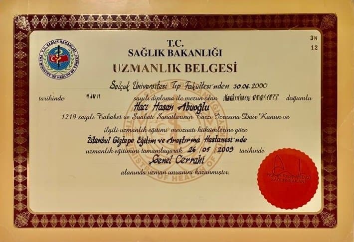 Uzmanlık Belgesi — Genel Cerrahi, T.C. Sağlık Bakanlığı