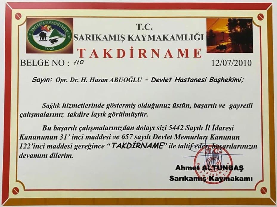 Takdirname — Sarıkamış Kaymakamlığı, 2010