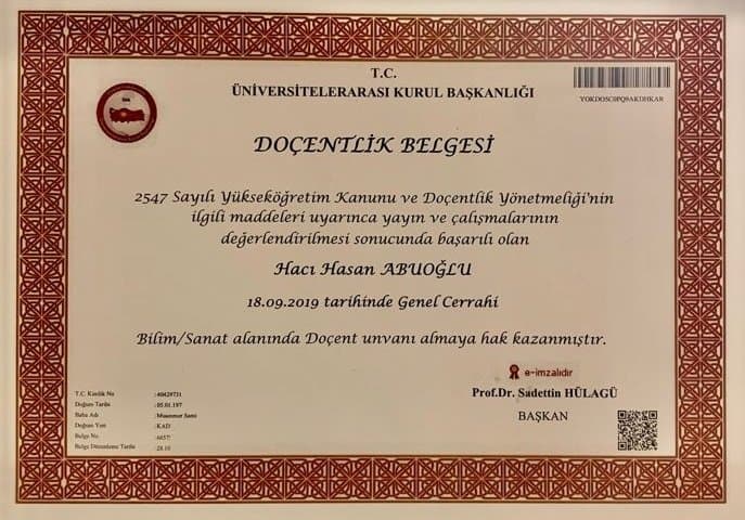 Doçentlik Belgesi — Genel Cerrahi, 2019
